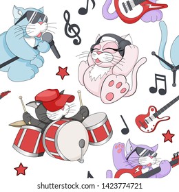 Seamless pattern with cute cartoon musical kittens on white background. Melody and notes musical theme. Vector image. Childrens linen, fabrics, wallpaper, wrapping paper texture