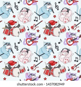 Seamless pattern with cute cartoon musican kittens on white background. Melody and notes musical babys theme for textile, fabric, bedlinen, pillow, undergarment or wallpaper