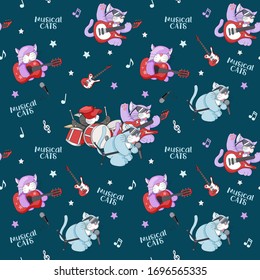 Seamless pattern with cute cartoon musican kittens on night blue background. Melody and notes musical babys theme for textile, fabric, bedlinen, pillow, undergarment or wallpaper