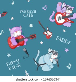 Seamless pattern with cute cartoon musican kittens on blue background. Melody and notes musical babys theme for textile, fabric, bedlinen, pillow, undergarment or wallpaper