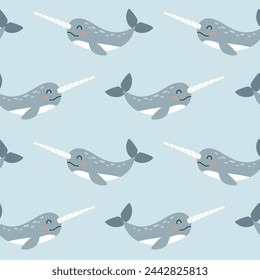 Seamless pattern with cute cartoon narwhal on a blue background. Kids sea animals design for print, textile.