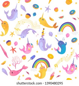 Seamless pattern of cute cartoon narwhals with rainbow, ice creams, sweets and seashell. Pattern of cute sea unicorns, cartoon animals. Seamless isolated vector illustration of narwhals.