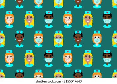 Seamless pattern of cute cartoon nurses in protective masks and with smiles. Ethnic diversity: white, black, Hispanic. Funny characters in flat style. Nurse's Day. Fabric, Background, Wrapping paper