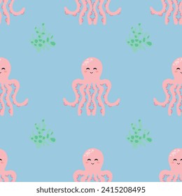 Seamless pattern with cute cartoon octopus. Vector illustration.
