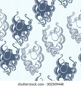 Seamless pattern with cute cartoon octopus. Vector background.