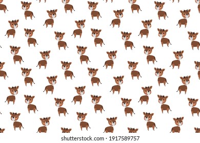 Seamless pattern of cute cartoon okapi characters smiling with rosy cheeks. Repeating African artiodactyl jungle animals on a white background. Vector.