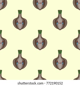 Seamless pattern with cute cartoon onion on yellow background. Vector vegetable emoticon. Flat design illustration EPS10