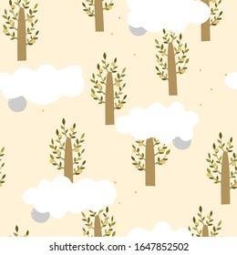 Seamless pattern with cute cartoon orange trees and sun and clouds on the pink background.Vector print for fabric or wallpaper.
