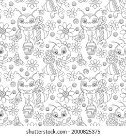 Seamless pattern with cute cartoon outline bees, flowers and honeycombs, dark contour insect on a white  background