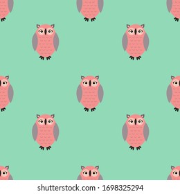 Seamless pattern with cute cartoon owl. Vector illustration on a flat style.