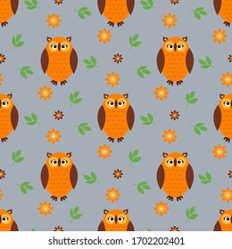 Seamless pattern with cute cartoon owl. Vector illustration on a flat style.
