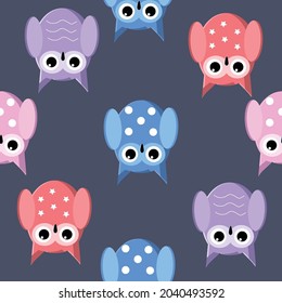 Seamless pattern  with cute cartoon owl. Background color dark  purple
