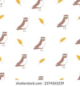 Seamless pattern of cute cartoon owl and autumn leaves. Background wallpaper for kids with a funny forest birds.