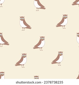 Seamless pattern of cute cartoon owl. Background wallpaper for kids with a funny forest birds.