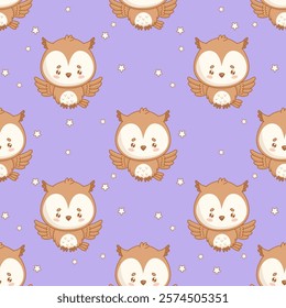 Seamless pattern. Cute cartoon owl bird on purple background with stars. Vector illustration. Kids collection