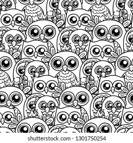 Seamless pattern with cute cartoon owls and furry owlets in pastel colors. Vector illustration.