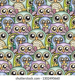 Seamless pattern with cute cartoon owls and furry owlets in pastel colors. Vector illustration.