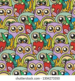 Seamless pattern with cute cartoon owls and furry owlets in pastel colors. Vector illustration.