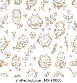 Seamless pattern with cute cartoon owls and plants on a white background. Funny birds. Vector contour image. Doodle style.