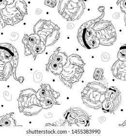 
Seamless pattern with cute cartoon owls on a white background. Funny birds. Vector contour image. Doodle style, pattern for personal project, background, invitation, wallpaper and many more.