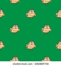 Seamless pattern with cute cartoon owls on green background. Funny doodle vector wallpaper. Line art animals print.