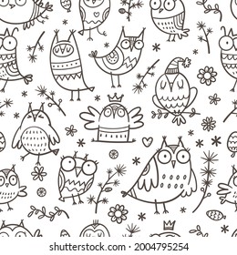 Seamless pattern with cute cartoon owls and plants on white background. Funny doodle vector wallpaper. Line art animals print.