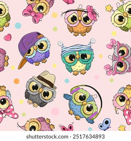 Seamless Pattern with cute cartoon owls