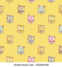Seamless pattern with cute cartoon owls on yellow background. Funny forest birds. Little colorful owlets. Children's illustration. Vector image.