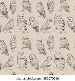 Seamless pattern with a cute cartoon owls strokes