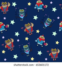 Seamless pattern with cute cartoon owls. Funny owls on a blue background. For covers, wallpapers, textiles, children's projects.