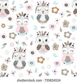 Seamless pattern with cute cartoon owls and flowers in pastel colors on a white background. Vector illustration.