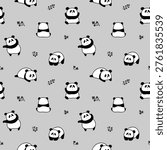 Seamless Pattern with Cute Cartoon Panda Bear Design on Grey Background. Hand Drawn Vector Illustration. Not AI Generated.