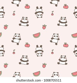 Seamless Pattern of Cute Cartoon Panda and Fruit Design on Pale Pink Background