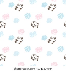 Seamless Pattern of Cute Cartoon Panda Design on White Background with Hand Drawn Cloud