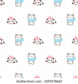 Seamless Pattern of Cute Cartoon Panda and Bear on White Background with Dots