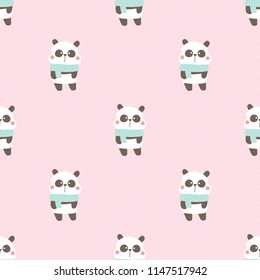 Seamless Pattern of Cute Cartoon Panda Design on Pink Background with Dots
