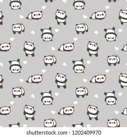 Seamless Pattern of Cute Cartoon Panda and Heart Design on Grey Background