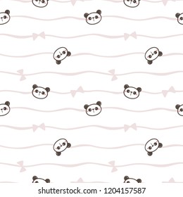 Seamless Pattern of Cute Cartoon Panda Face Design on White Background with Wavy Line