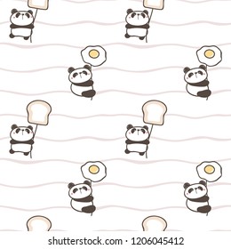 Seamless Pattern of Cute Cartoon Panda, Fried Egg and Bread Design on White Background with Wavy Line