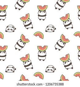 Seamless Pattern of Cute Cartoon Panda and Watermelon Design on White Background