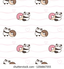 Seamless Pattern of Cute Cartoon Panda and Donut Design on White Background with Wavy Lines