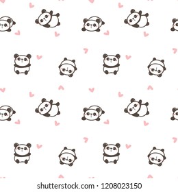 Seamless Pattern of Cute Cartoon Panda and Pink Heart Design on White Background