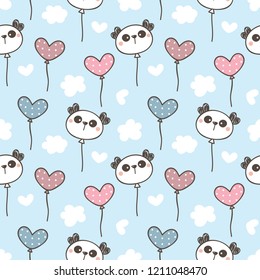 Seamless Pattern of Cute Cartoon Panda Face and Balloon Design on Pastel Blue Background with White Hearts and Clouds