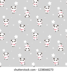 Seamless Pattern of Cute Cartoon Panda and Star Design on Grey Background