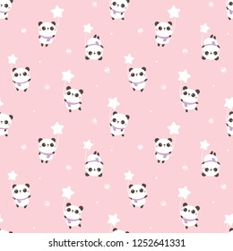 Seamless Pattern of Cute Cartoon Panda and Star Design on Pink Background