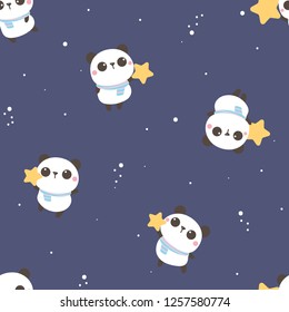 Seamless Pattern of Cute Cartoon Panda with Star Design on Dark Blue Background