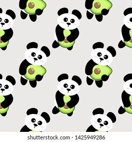 seamless pattern with cute cartoon panda and avocado design on white background