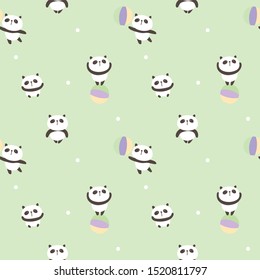 Seamless Pattern of Cute Cartoon Panda with Ball Design on Green Background