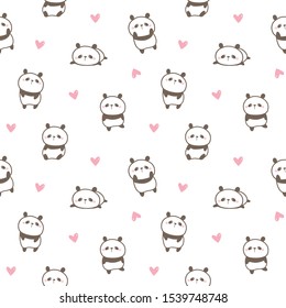 Seamless Pattern of Cute Cartoon Panda Design on White Background with Pink Hearts