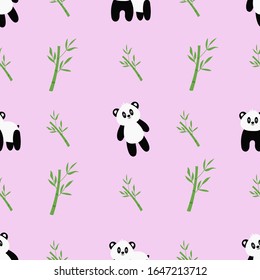 Seamless pattern with cute cartoon panda and bamboo. Vector illustration.